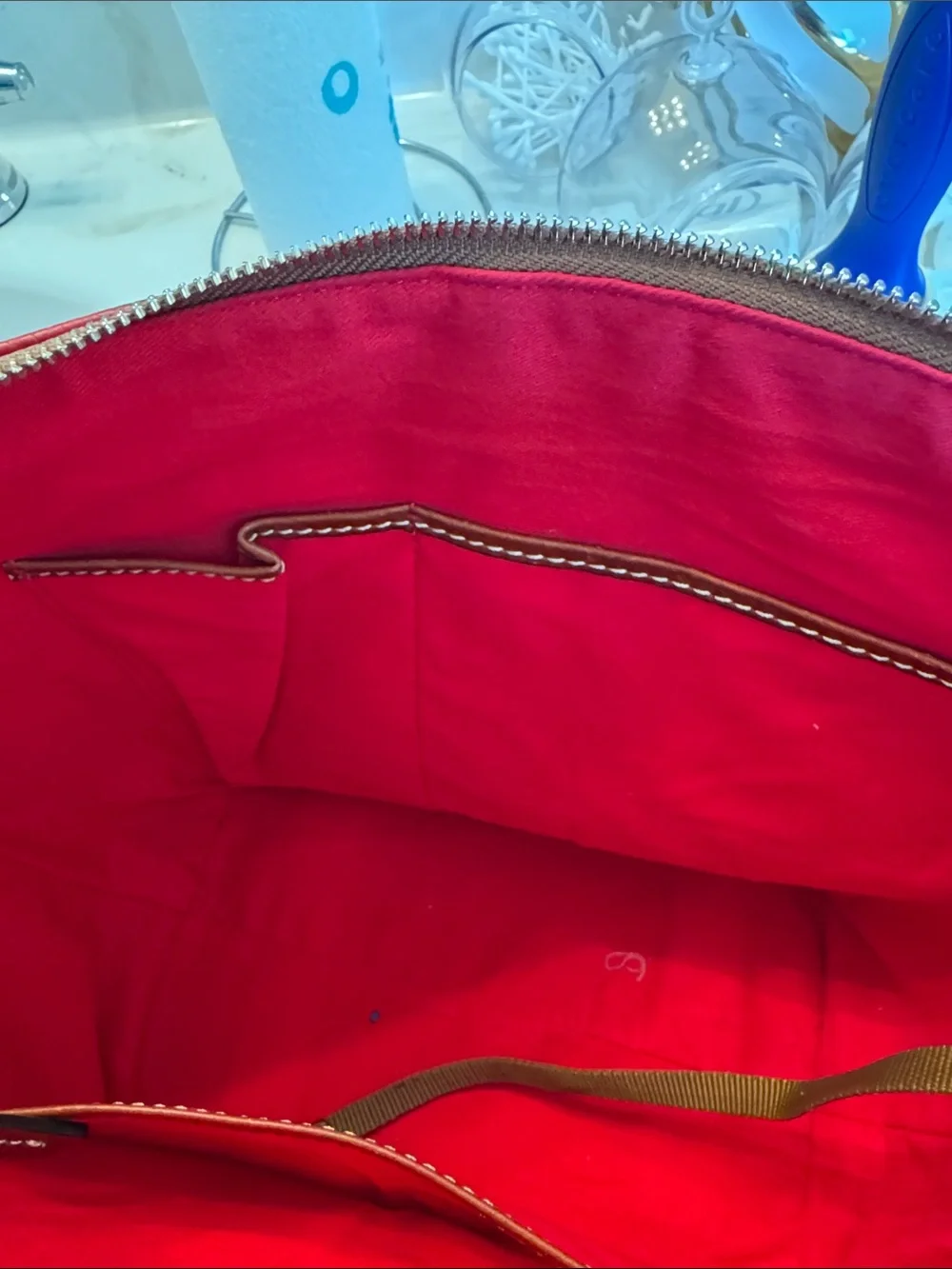 Dooney & Bourke Red Pebbled Leather Tote with Brown Handles